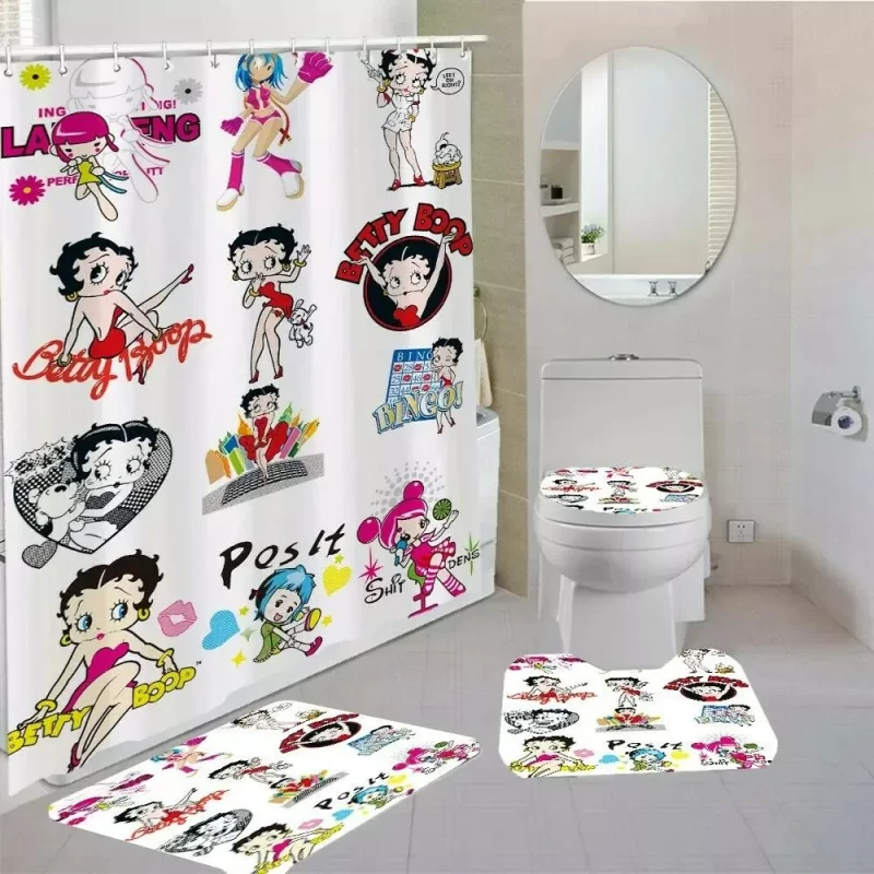 Betty Boop White Multi Bathroom Shower Curtain Toilet Seat Cover & Rugs Set BRS338