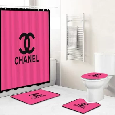 Chanel Logo Shower Curtain Pink Luxury Bathroom Mat Set Luxury Brand Shower Curtain Luxury Curtains Style BRS816