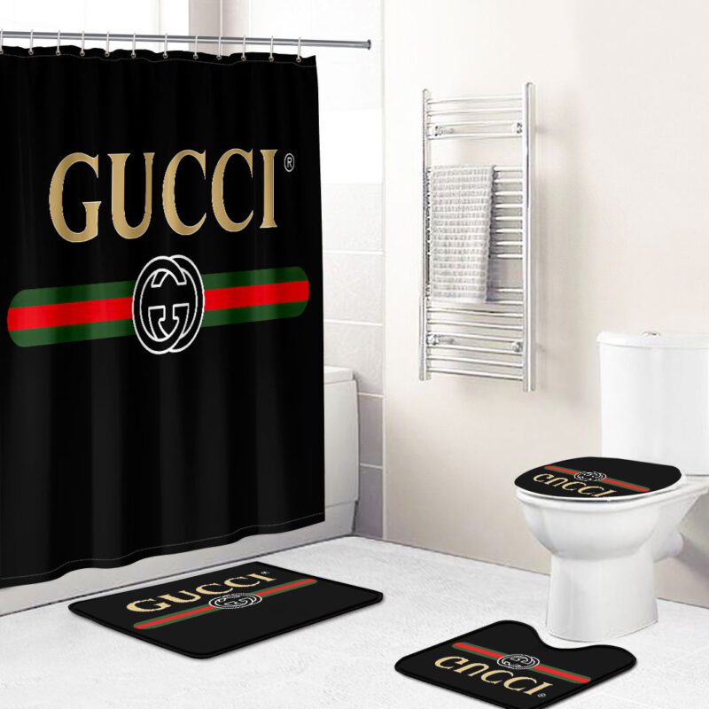 Gucci Luxury Bathroom Set Black Red And Gold Logo Shower Curtain BRS257