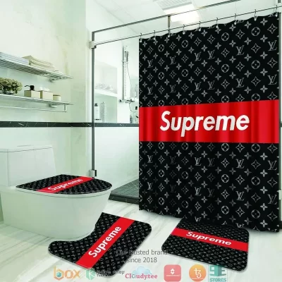 Louis Vuitton Supreme Red Black Shower Curtain Bathroom Set BRS775