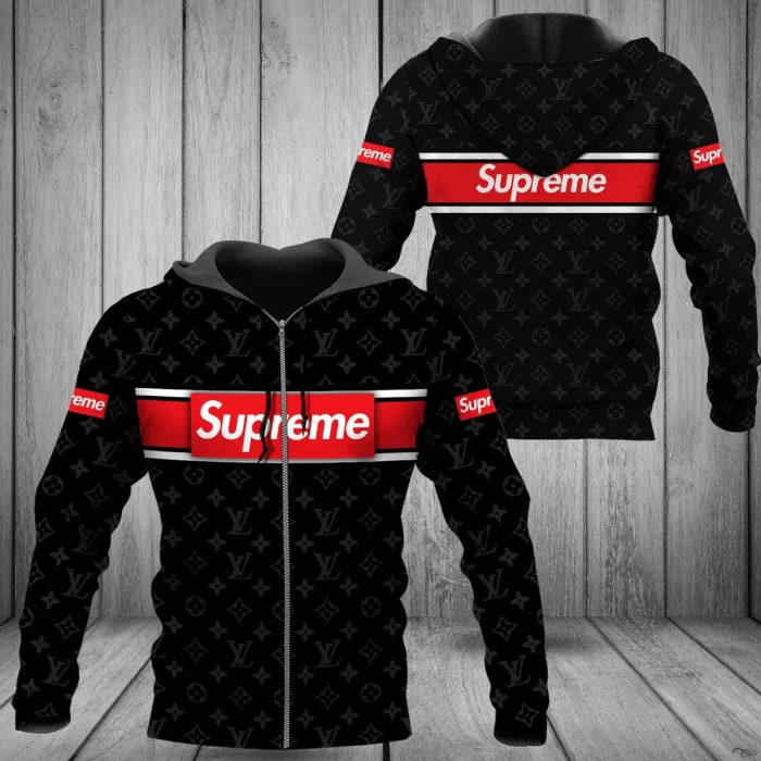 Louis Vuitton Supreme Red Logo Black Luxury Brand Unisex Zipper Hoodie Premium ZH01523