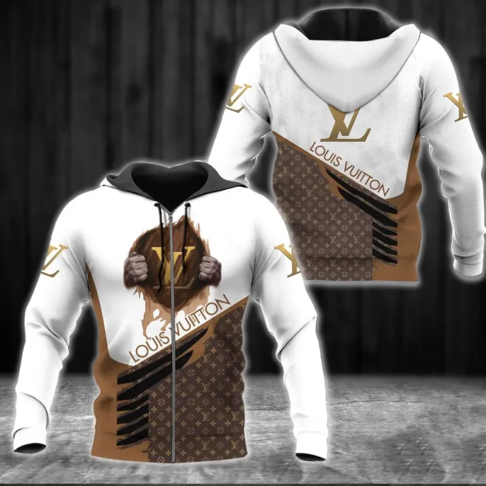Louis Vuitton White Brown Unisex Zipper Hoodie Luxury Brand ZH01585
