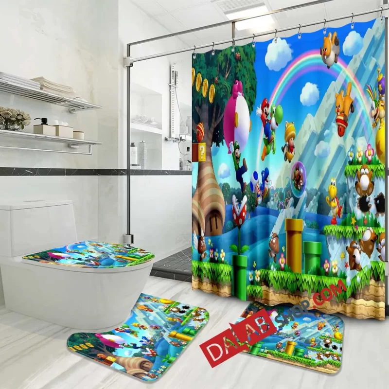 Super Mario Bathroom Set Shower Curtain Bath Mat Toilet Lid Cover BRS648