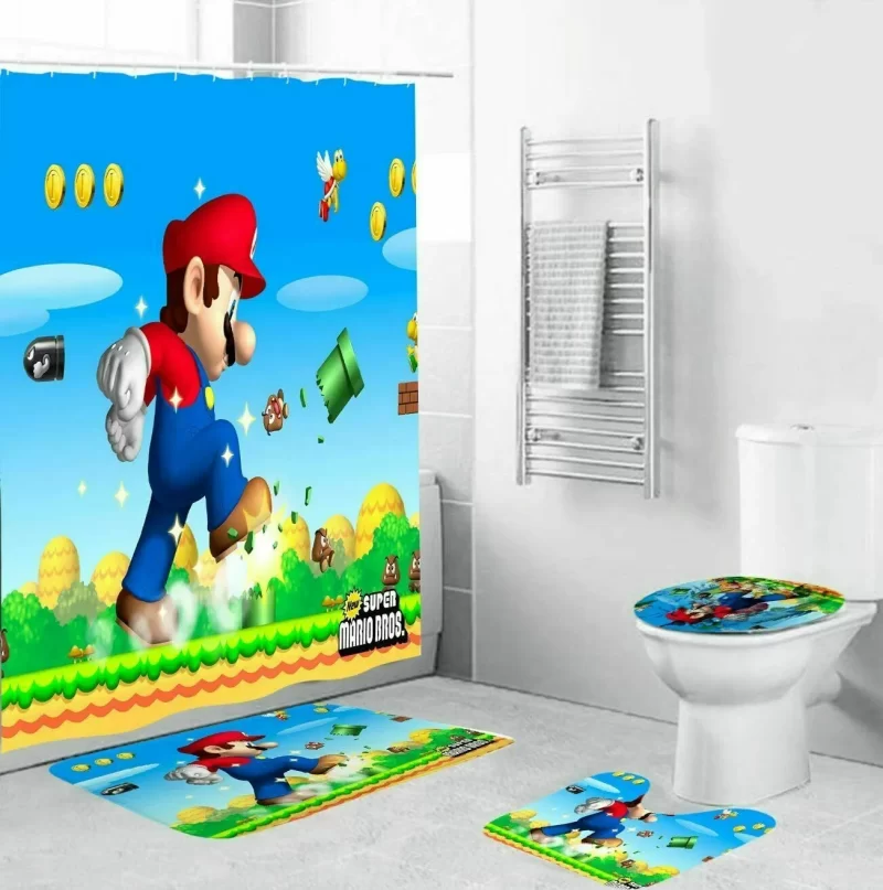 Super Mario Bathroom Set Shower Curtain Bath Mat Toilet Lid Cover BRS655