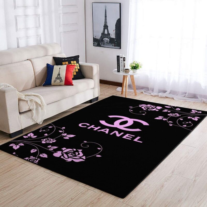 Chanel Flowers Black Fashion Luxury Brand Premium Area Rug Carpet Floor Decor RR2662