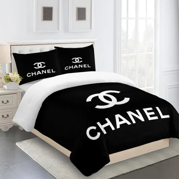 Chanel White Logo Black Luxury Brand Bedding Set Duvet Cover BS026