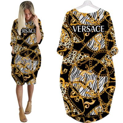Gianni Versace Black Gold Batwing Pocket Dress Luxury Brand For Women PD083