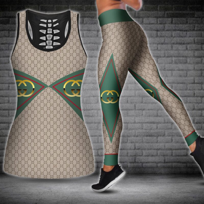 Gucci Brown Tank Top Leggings Set Luxury Brand For Women Yoga Gym