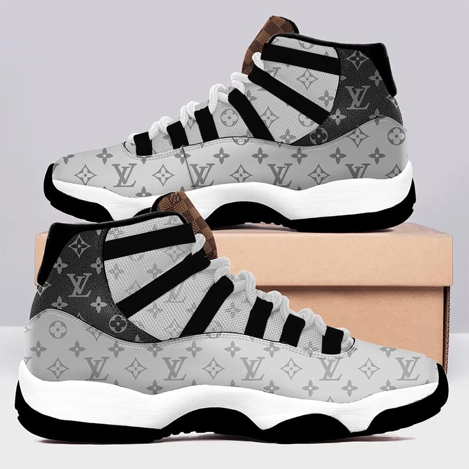 Louis Vuitton Black Grey Air Jordan 11 Sneakers Shoes LV Gifts JD11044