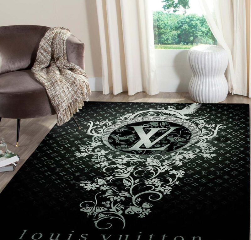 Louis Vuitton Dark Flowers Logo Luxury Area Rug Carpet Floor Decor RR2748