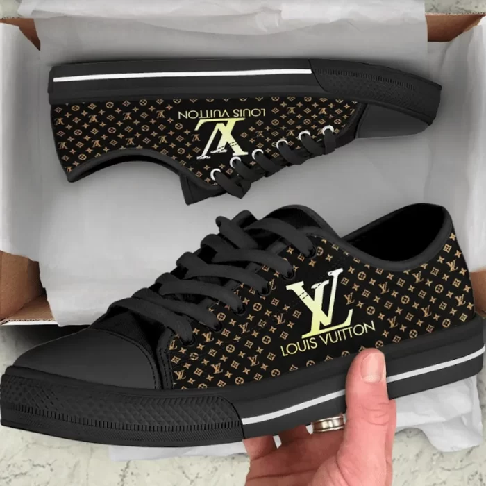 Louis Vuitton Gold Logo Black Low Top Canvas Shoes Luxury Brand Sneaker LTS005