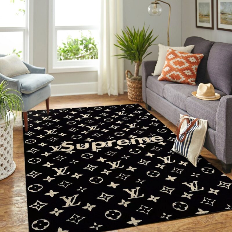 Louis Vuitton Supreme Black Logo Luxury Area Rug Carpet Floor Decor RR2738