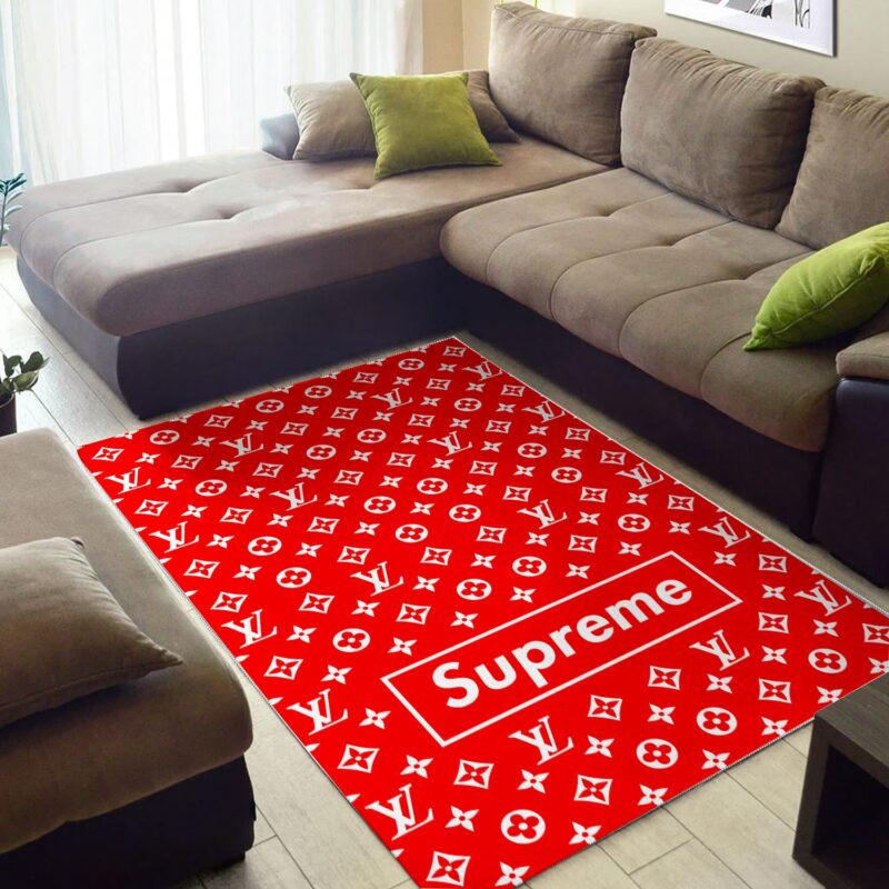Louis Vuitton Supreme Red Luxury Brand Premium Logo Area Rug Carpet Floor Decor RR2730