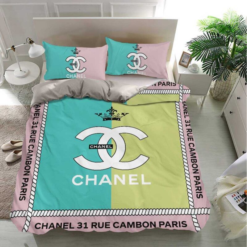 MK Chanel Blue Yellow Bedding Printed Bedding Sets Duvet Cover Luxury Brand Bedding Decor Bedroom Sets BS471