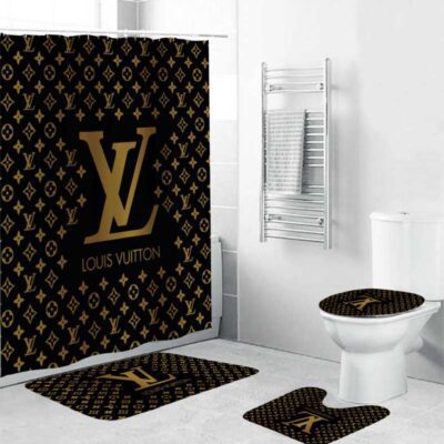 Shower Curtains Louis Vuitton Brown And Gold Yellow Logo Full Bathroom Sets BRS727