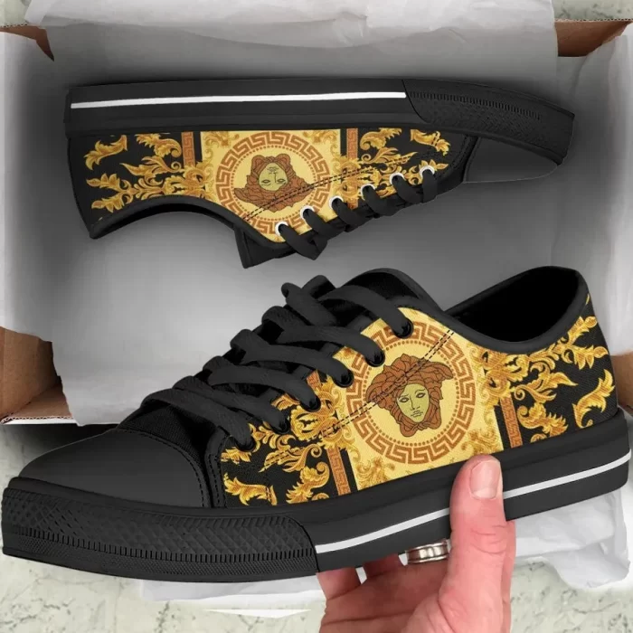 Versace Black Gold Medusa Low Top Canvas Shoes Luxury Brand Sneaker LTS020
