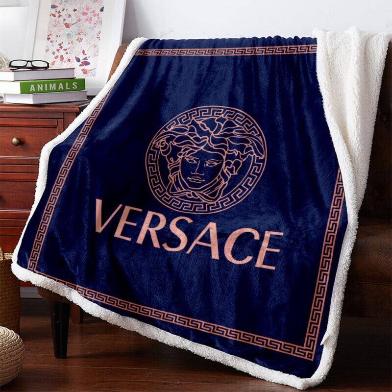 Versace Blue Fashion Logo Luxury Brand Premium Fleece Sherpa Blanket Sofa Decor BL3081