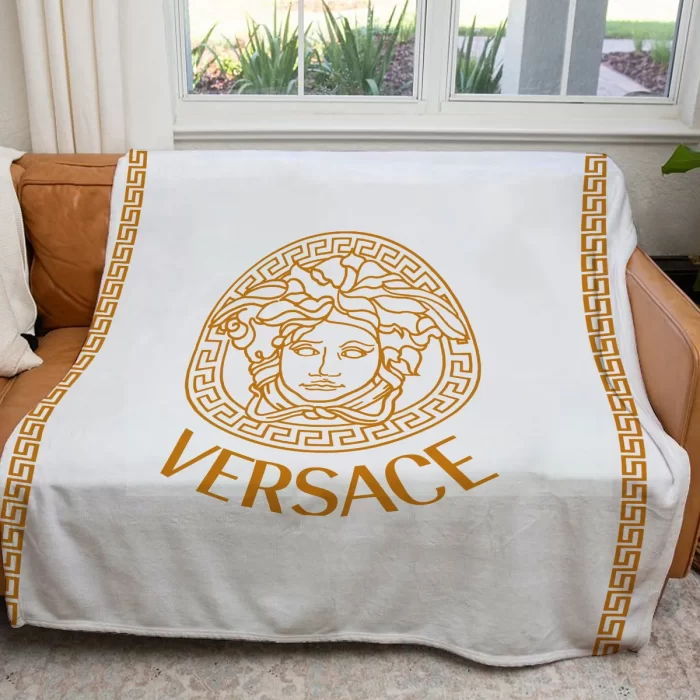Versace White Golden Logo Luxury Brand Premium Fleece Sherpa Blanket Sofa Decor BL3070