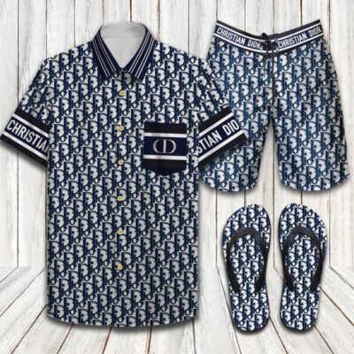 Dior Flip Flops And Combo Hawaii Shirt Shorts Luxury Brand Summer Outfit HSF278