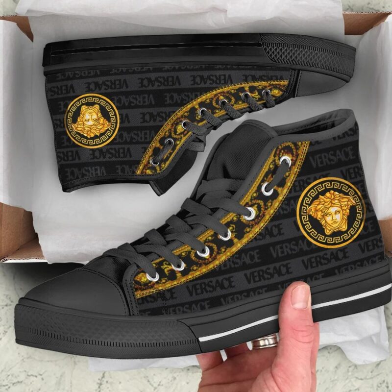 Gianni Versace Black Gold High Top Canvas Shoes Luxury Sneakers LHTS050