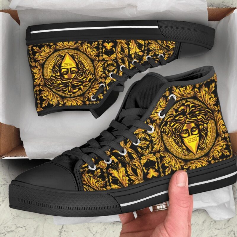 Gianni Versace Black Gold High Top Canvas Shoes Luxury Sneakers LHTS053