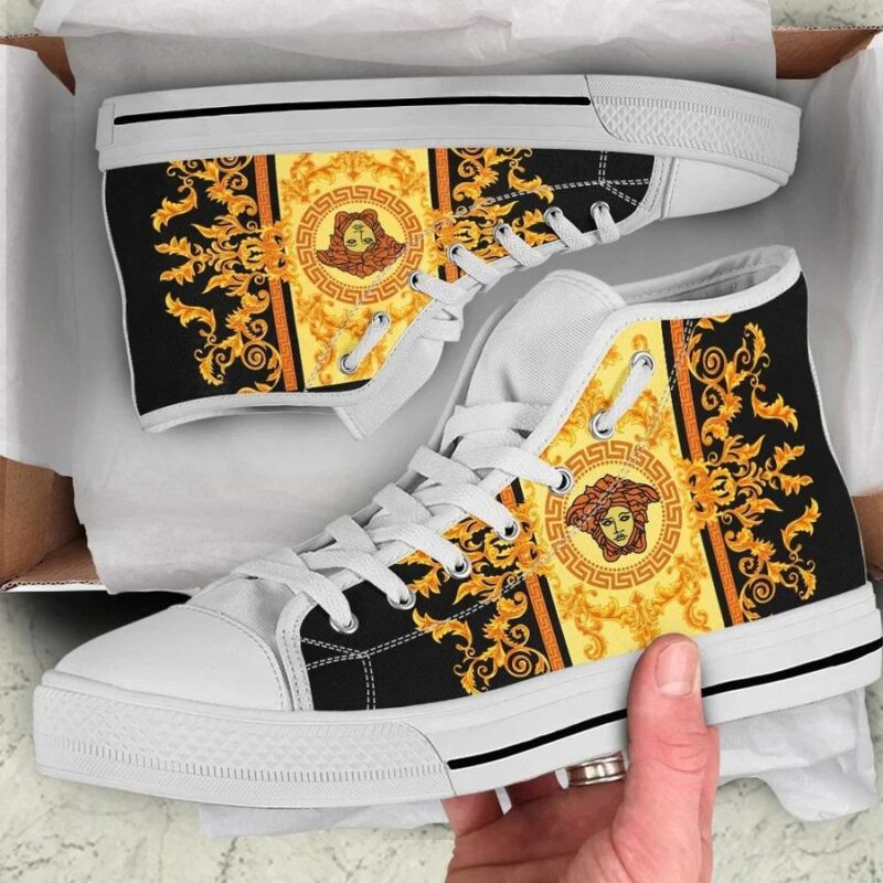 Gianni Versace Black Gold High Top Canvas Shoes Luxury Sneakers LHTS060