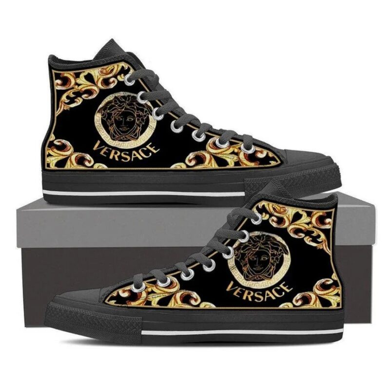 Gianni Versace Gold Black High Top Canvas Shoes Luxury Sneakers LHTS056