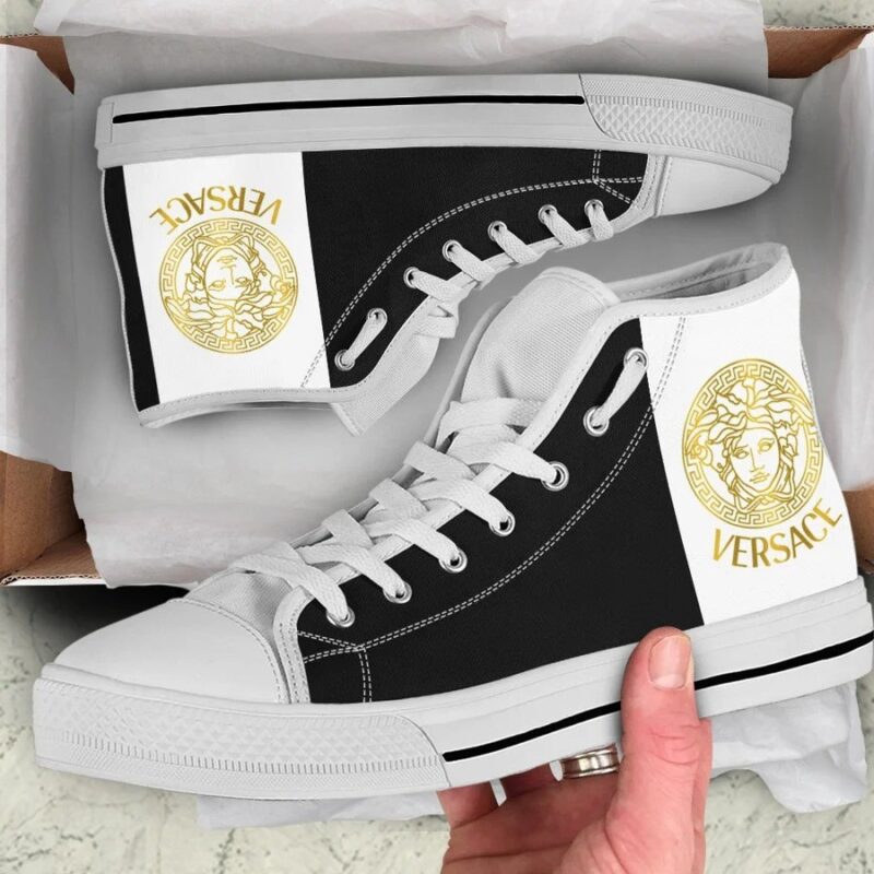 Gianni Versace White Black High Top Canvas Shoes Luxury Sneakers LHTS055