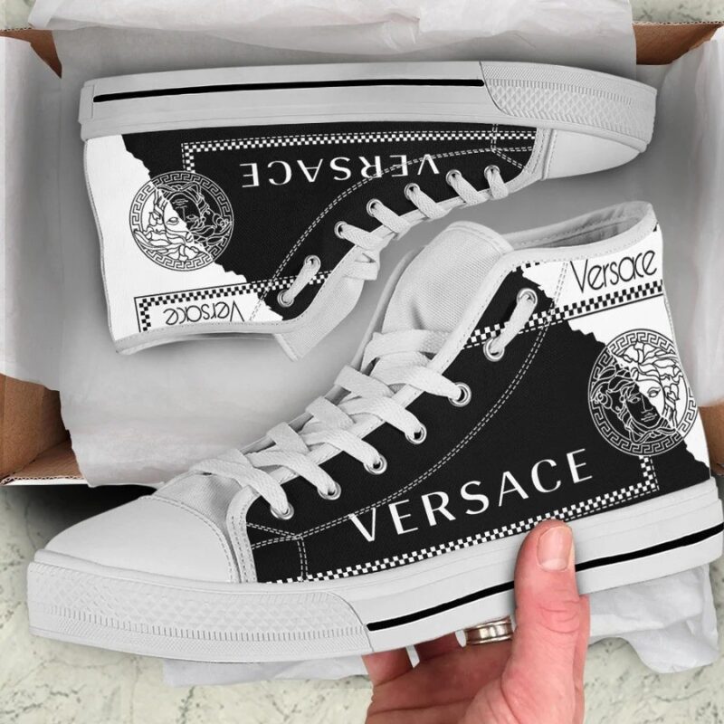 Gianni Versace White Black High Top Canvas Shoes Luxury Sneakers LHTS057