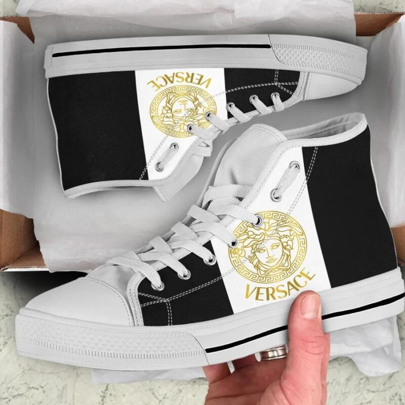 Gianni Versace White Black High Top Canvas Shoes Luxury Sneakers LHTS058