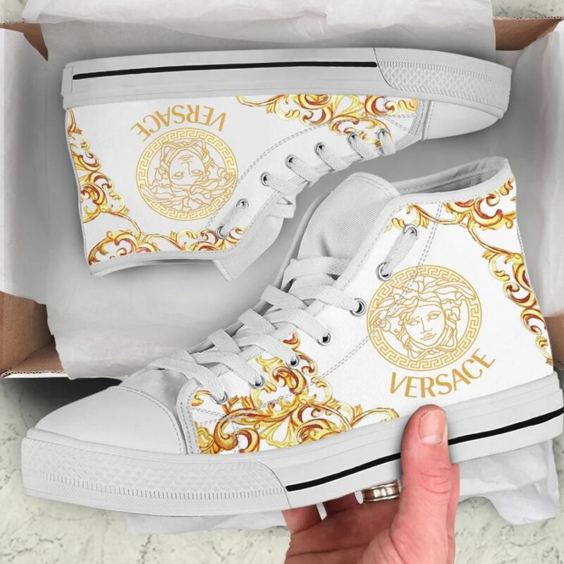 Gianni Versace White Gold High Top Canvas Shoes Luxury Sneakers LHTS048