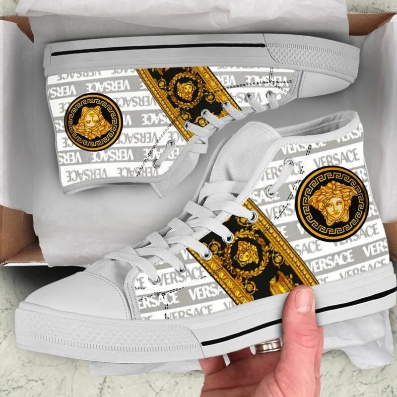 Gianni Versace White Gold High Top Canvas Shoes Luxury Sneakers LHTS052