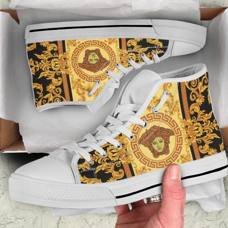 Gianni Versace White Gold High Top Canvas Shoes Luxury Sneakers LHTS054