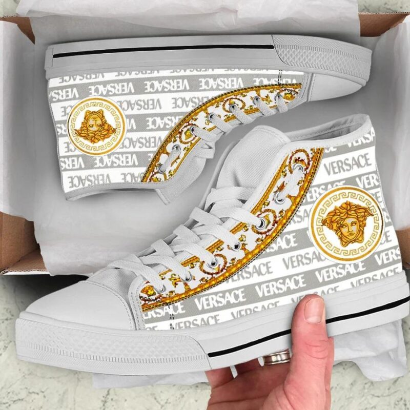 Gianni Versace White Gold High Top Canvas Shoes Luxury Sneakers LHTS059