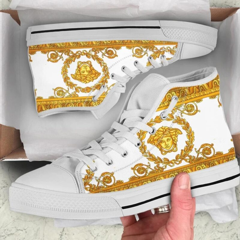 Gianni Versace White Gold High Top Canvas Shoes Luxury Sneakers LHTS062