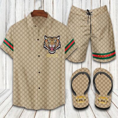 Gucci Combo Hawaii Shirt Shorts Flip Flops Luxury Brand Summer Outfit HSF039