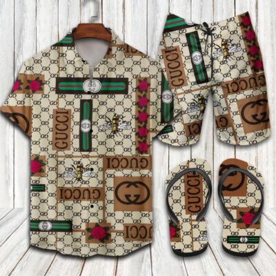 Gucci Flip Flops And Combo Hawaii Shirt Shorts Luxury Brand Summer Outfit HSF265