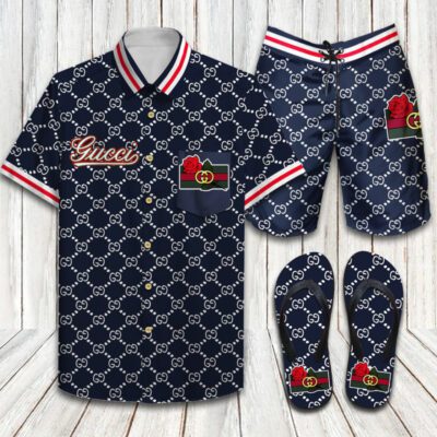 Gucci Flip Flops And Combo Hawaii Shirt Shorts Luxury Brand Summer Outfit HSF274