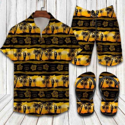 Gucci Flip Flops And Combo Hawaii Shirt Shorts Luxury Brand Summer Outfit HSF305