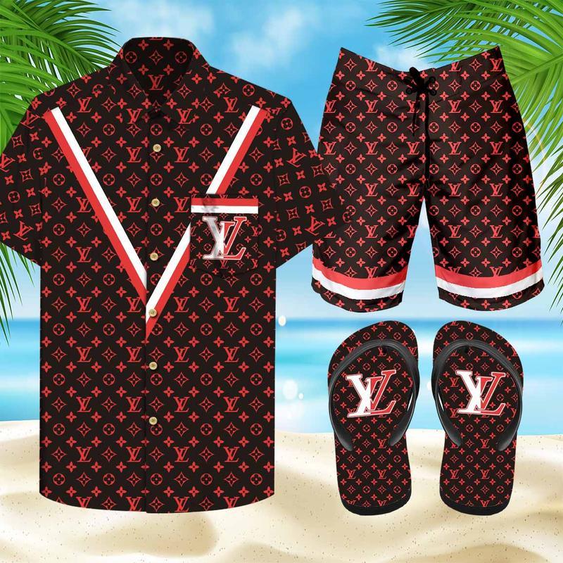 Louis-Vuitton-LV-Flip-Flops-And-Combo-Hawaii-Shirt-Shorts-Luxury-Brand-Summer-Outfit-HSF105 Louis Vuitton LV Flip Flops And Combo Hawaii Shirt Shorts Luxury Brand Summer Outfit HSF105