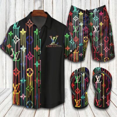 Louis Vuitton LV Flip Flops And Combo Hawaii Shirt Shorts Luxury Brand Summer Outfit HSF246