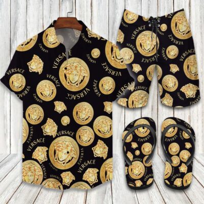 Versace Flip Flops And Combo Hawaii Shirt Shorts Luxury Brand Summer Outfit HSF172