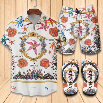 Versace Flip Flops And Combo Hawaii Shirt Shorts Luxury Brand Summer Outfit HSF174