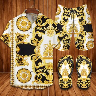 Versace Flip Flops And Combo Hawaii Shirt Shorts Luxury Brand Summer Outfit HSF186