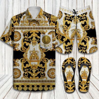 Versace Flip Flops And Combo Hawaii Shirt Shorts Luxury Brand Summer Outfit HSF277