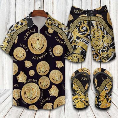 Versace Flip Flops And Combo Hawaii Shirt Shorts Luxury Brand Summer Outfit HSF304