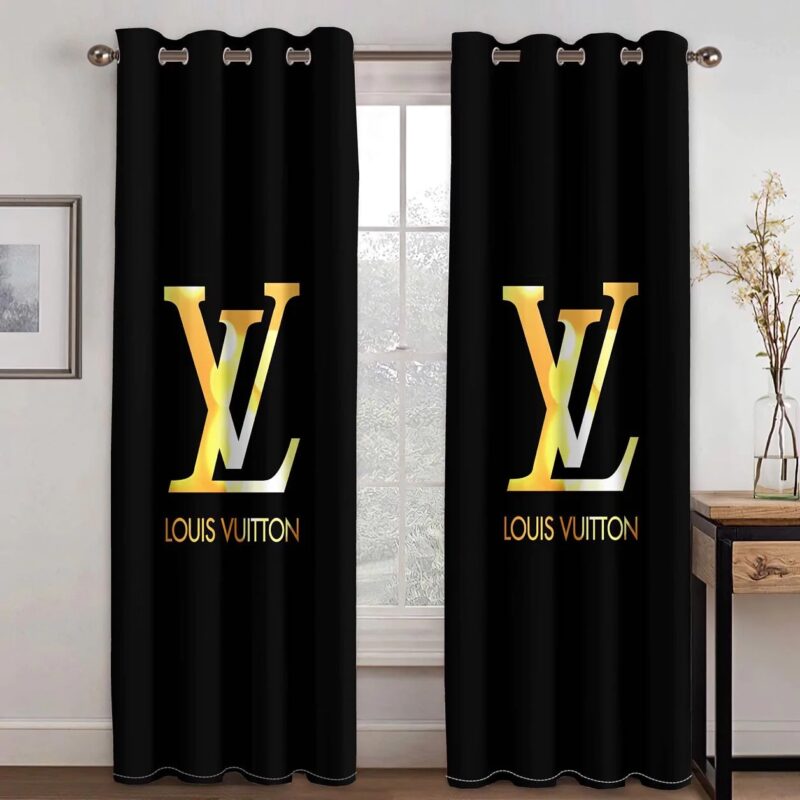 Black Louis Vuitton LV Gold Logo Premium Window Curtains Hot 2023 Luxury Curtain WC111