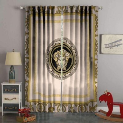 Versace Gold Logo Square Border Premium Window Curtains Hot 2023 Luxury Curtain WC011