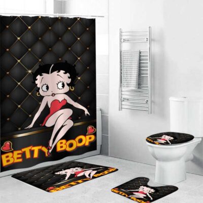 Betty Boop Black Diamond Pattern Shower Curtain Toilet Seat &amp; Rugs Set BRS337