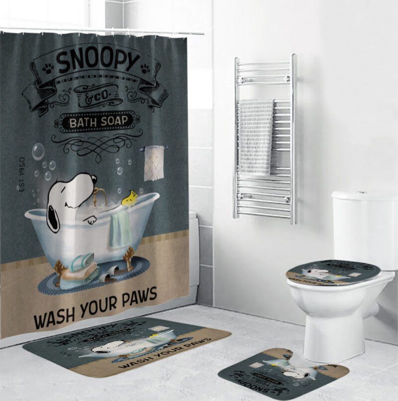 Funny Snoopy Wash Your Paws Bathroom Set - Cartoon Shower Curtain Set BRS148